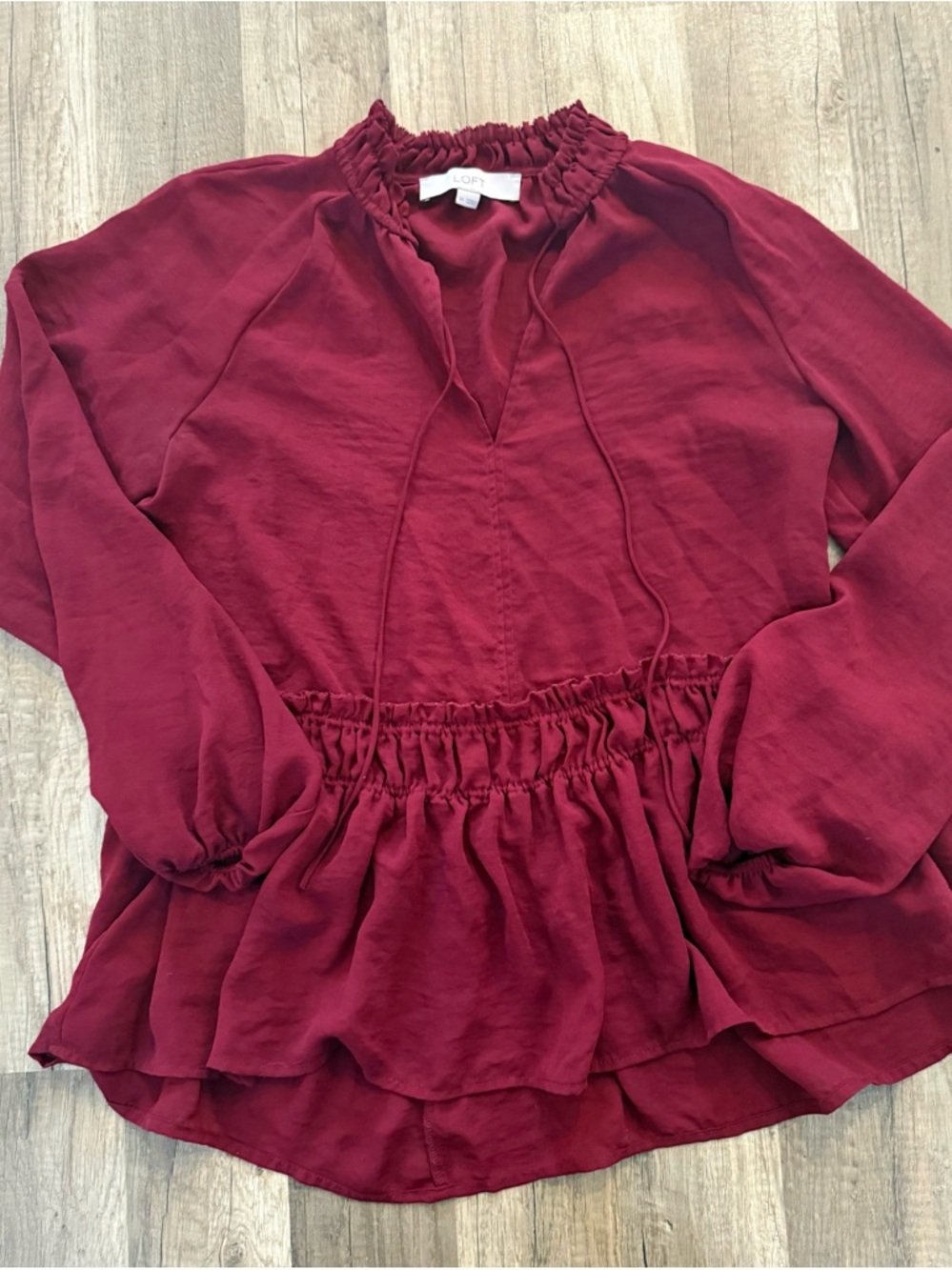 LOFT Women's Long Sleeve Shirred Waist Peasant Top - Burgundy